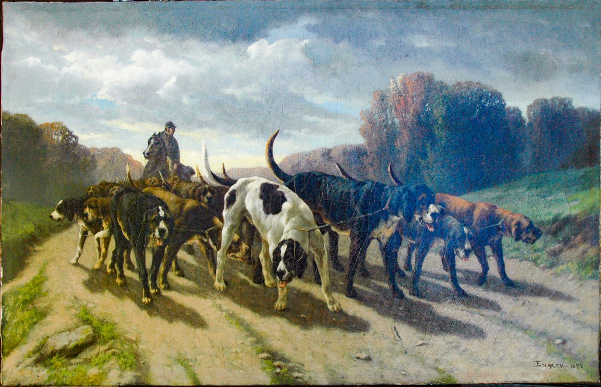 Tableau XIX HST Chien de chasse signé ENGLERet daté 1873-photo-4