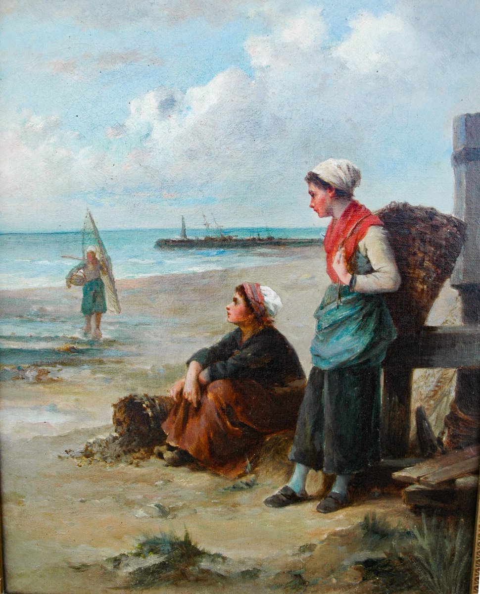 Painting XIX Hst The Breton Mussel Fisherwomen Signed-photo-4