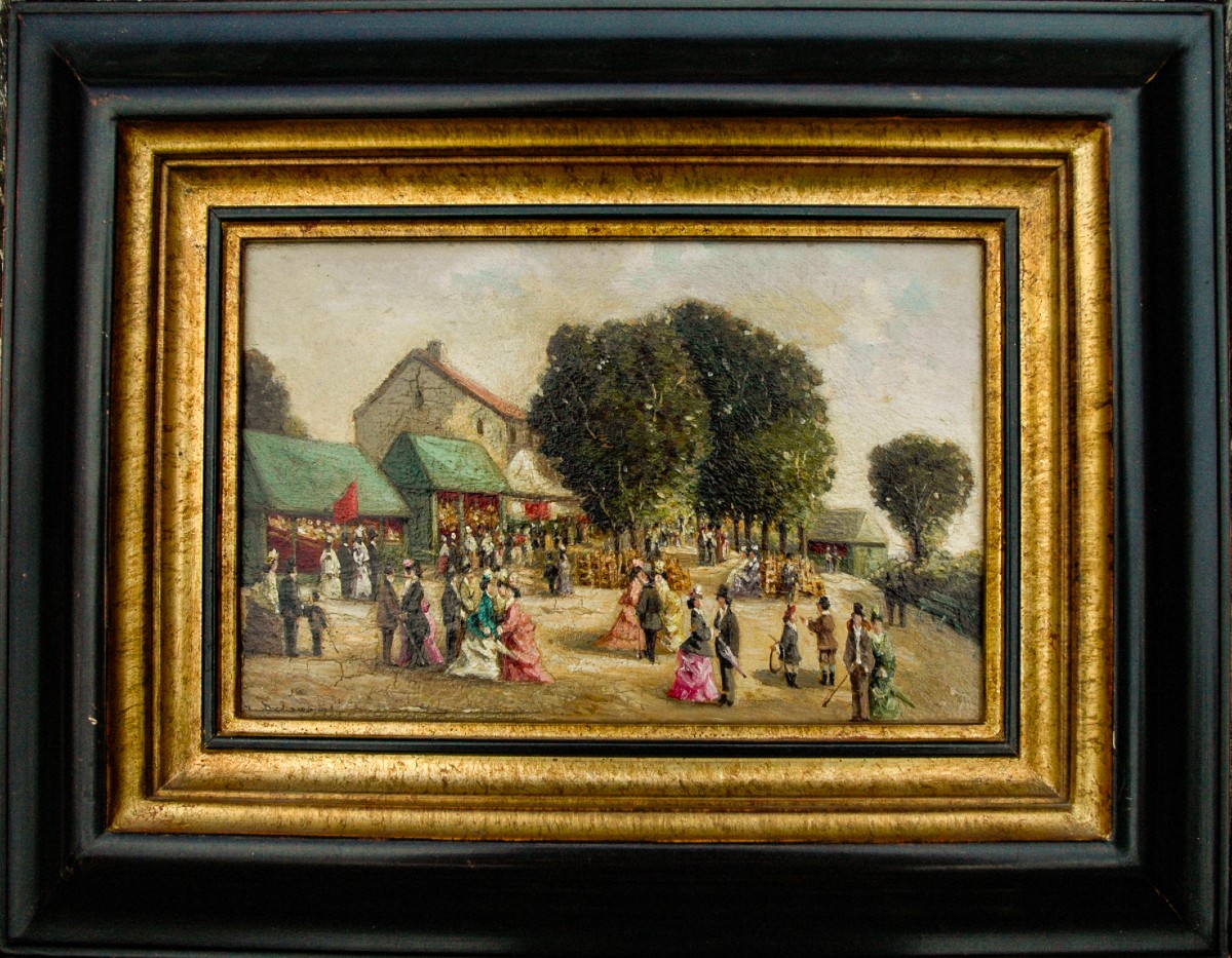 Tableau fin XIX HSP Scène animée fête foraine HONFLEUR signé