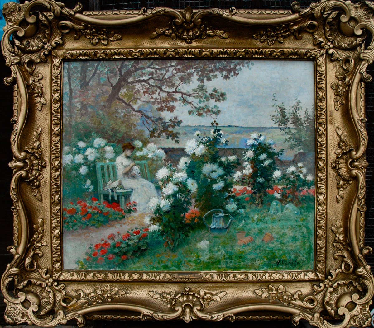 19th Century Oil Painting, Woman In A Flower Garden, Signed Cauchois-photo-2
