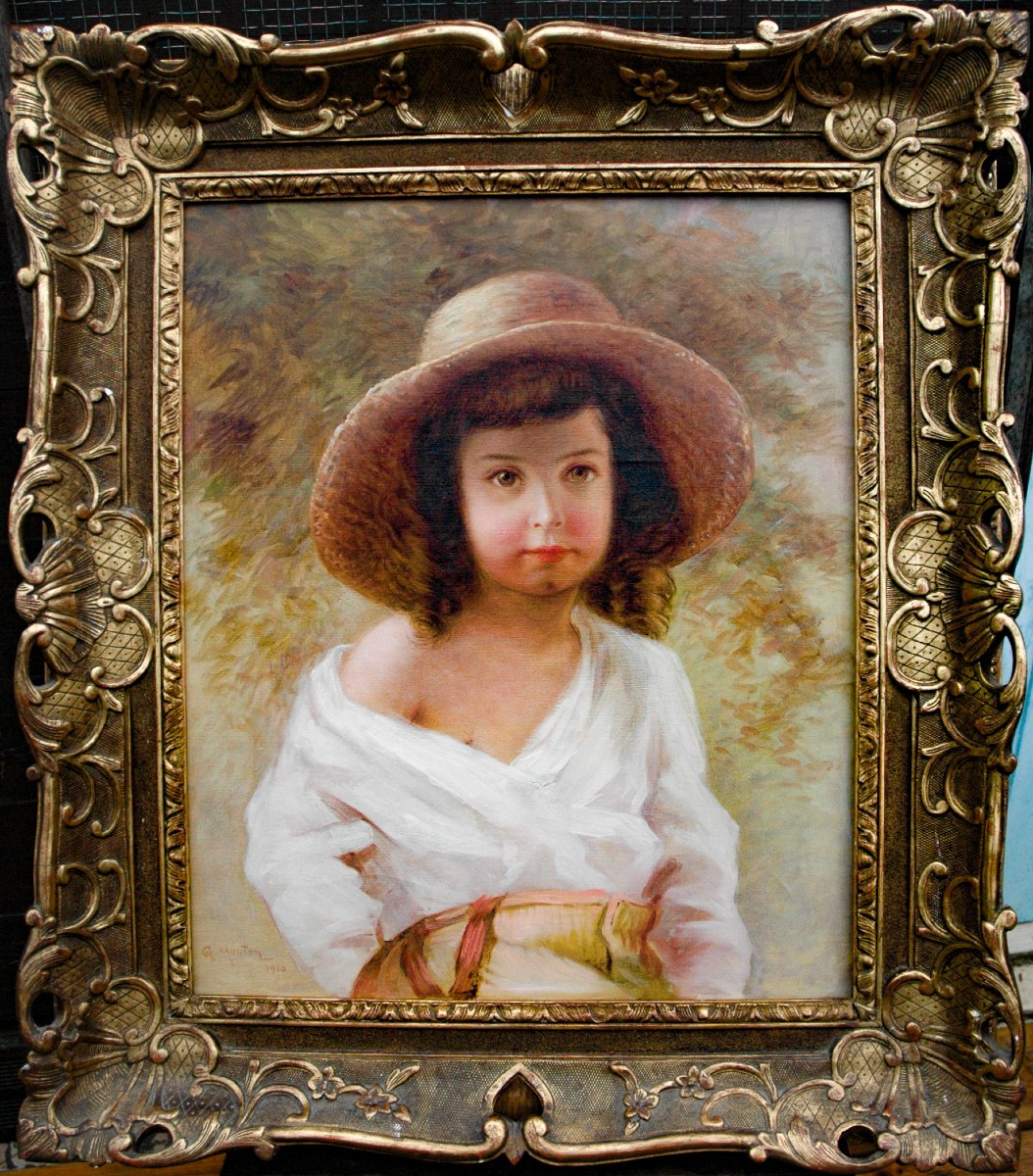 19th Century Oil Painting, Portrait Of A Young Girl, Signed Georges Mouton -photo-2
