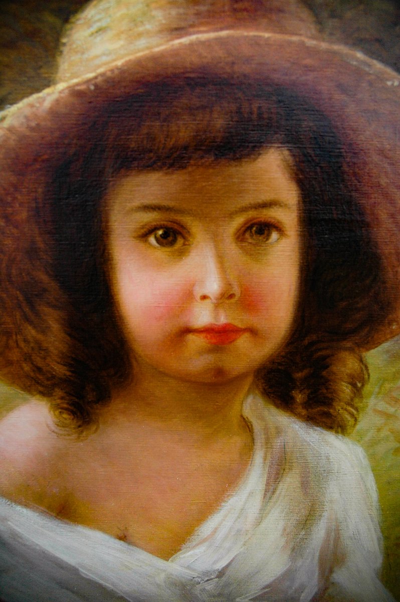 19th Century Oil Painting, Portrait Of A Young Girl, Signed Georges Mouton -photo-2