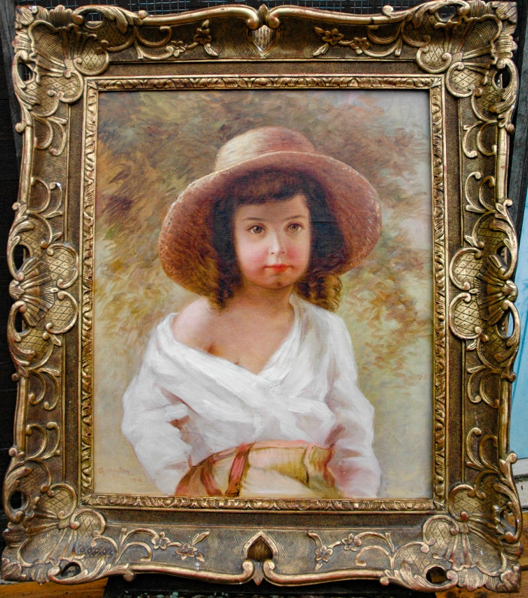 19th Century Oil Painting, Portrait Of A Young Girl, Signed Georges Mouton 