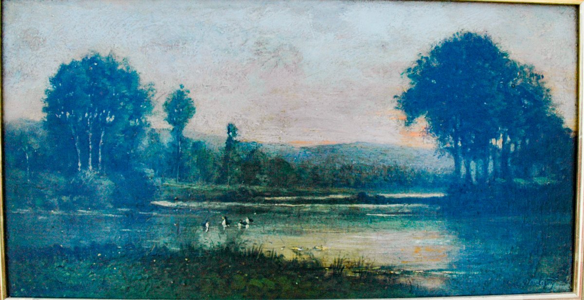 Tableau XIX HSP paysage L'étang au canards signé KARL DAUBIGNY-photo-3