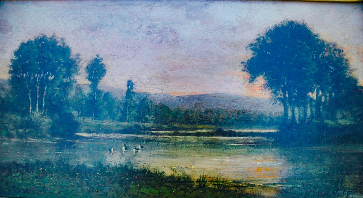 Tableau XIX HSP paysage L'étang au canards signé KARL DAUBIGNY-photo-1