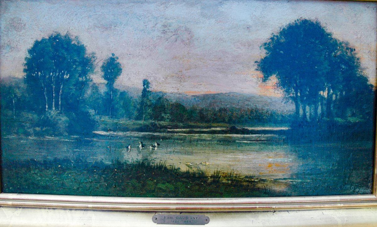 Tableau XIX HSP paysage L'étang au canards signé KARL DAUBIGNY-photo-3