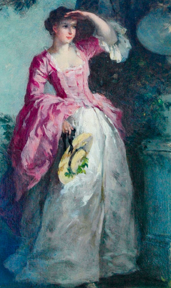 Tableau XIX huile sur carton fort Scène de genre Femme dans un parc signé Emilie LELEUX-photo-2