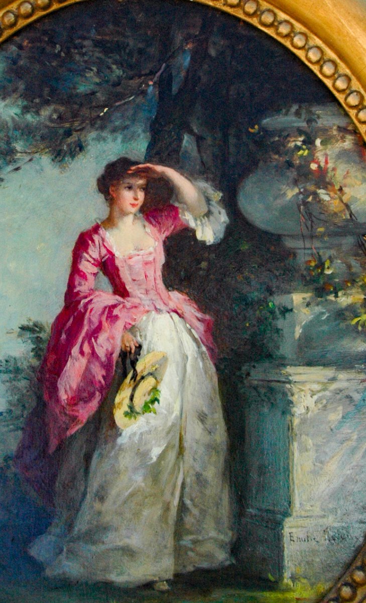 Tableau XIX huile sur carton fort Scène de genre Femme dans un parc signé Emilie LELEUX-photo-3