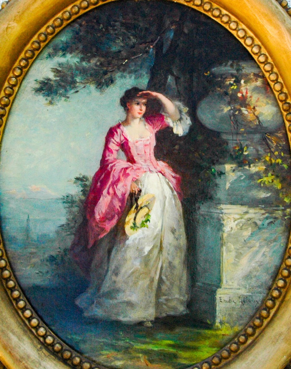 Tableau XIX huile sur carton fort Scène de genre Femme dans un parc signé Emilie LELEUX-photo-4
