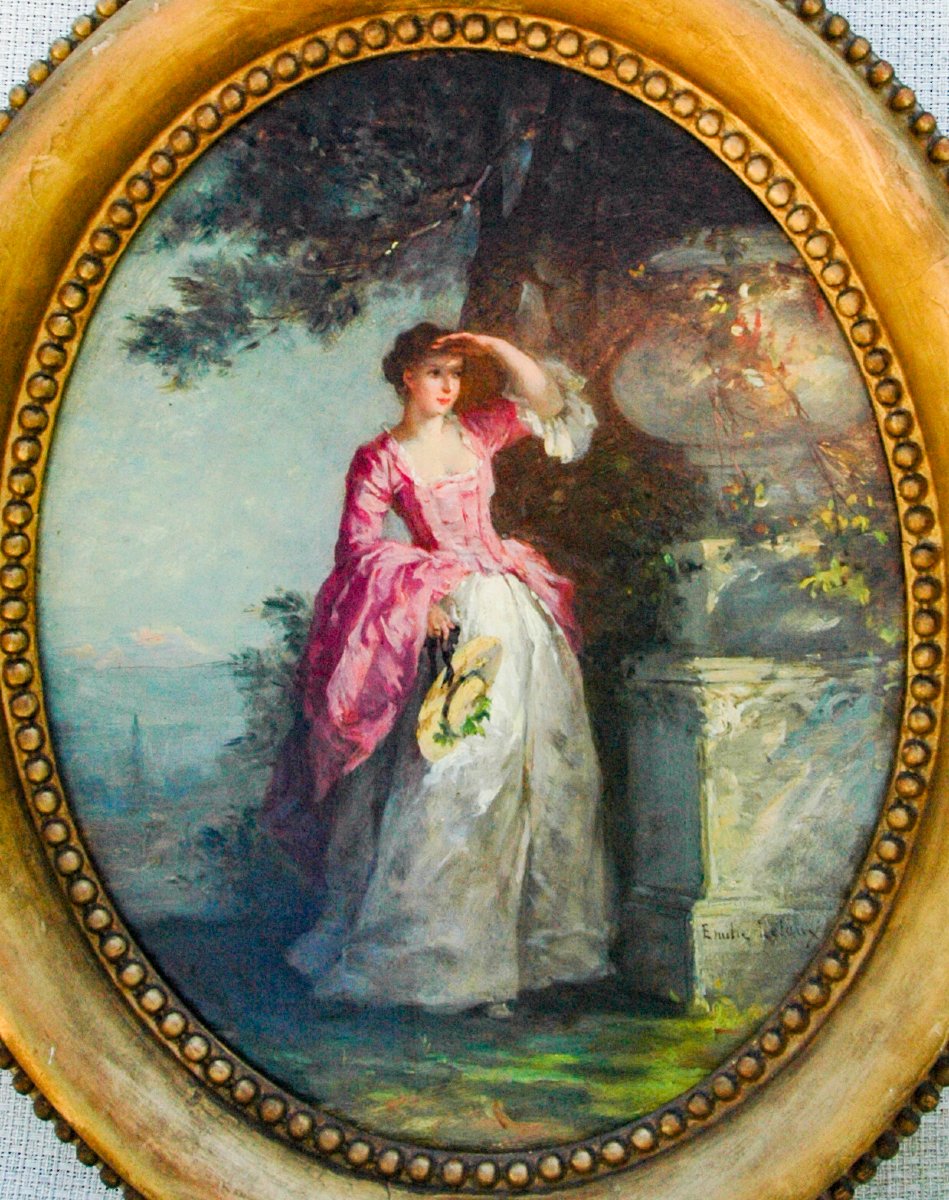 Tableau XIX huile sur carton fort Scène de genre Femme dans un parc signé Emilie LELEUX-photo-2
