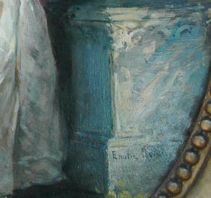 Tableau XIX huile sur carton fort Scène de genre Femme dans un parc signé Emilie LELEUX-photo-3