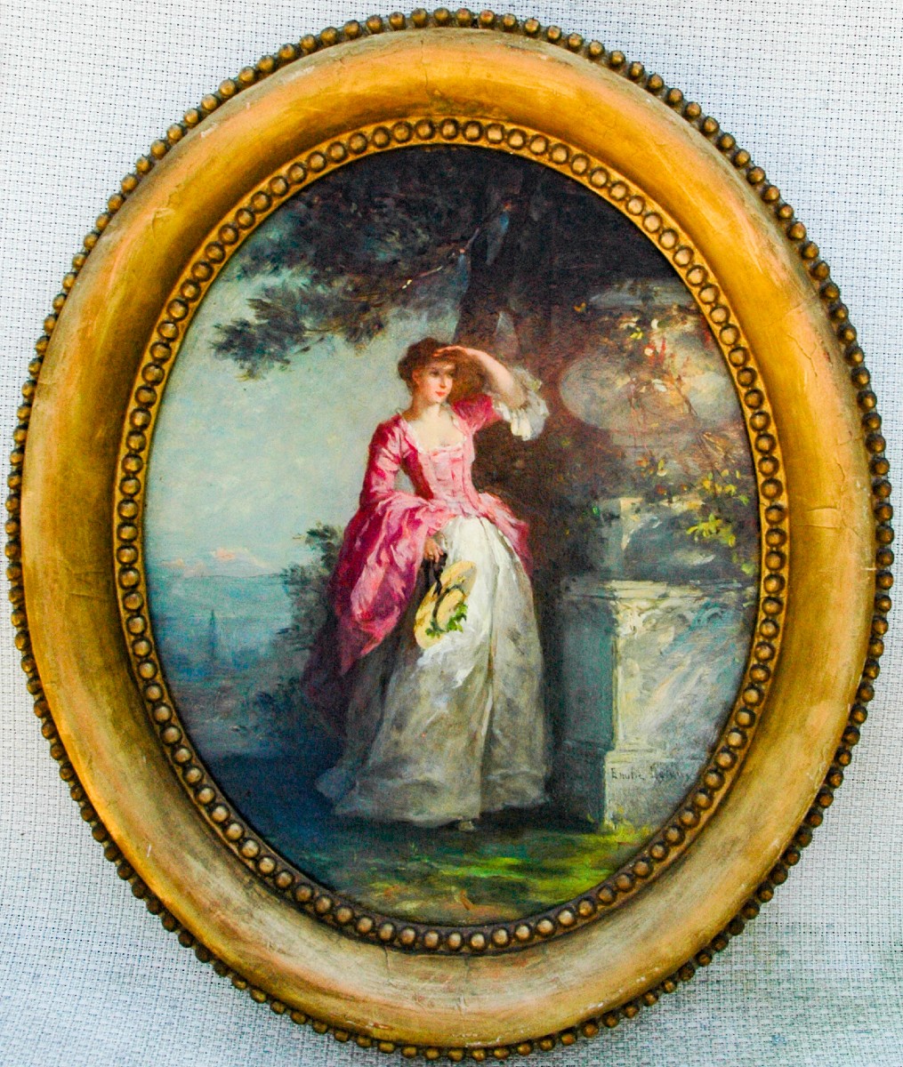 Tableau XIX huile sur carton fort Scène de genre Femme dans un parc signé Emilie LELEUX