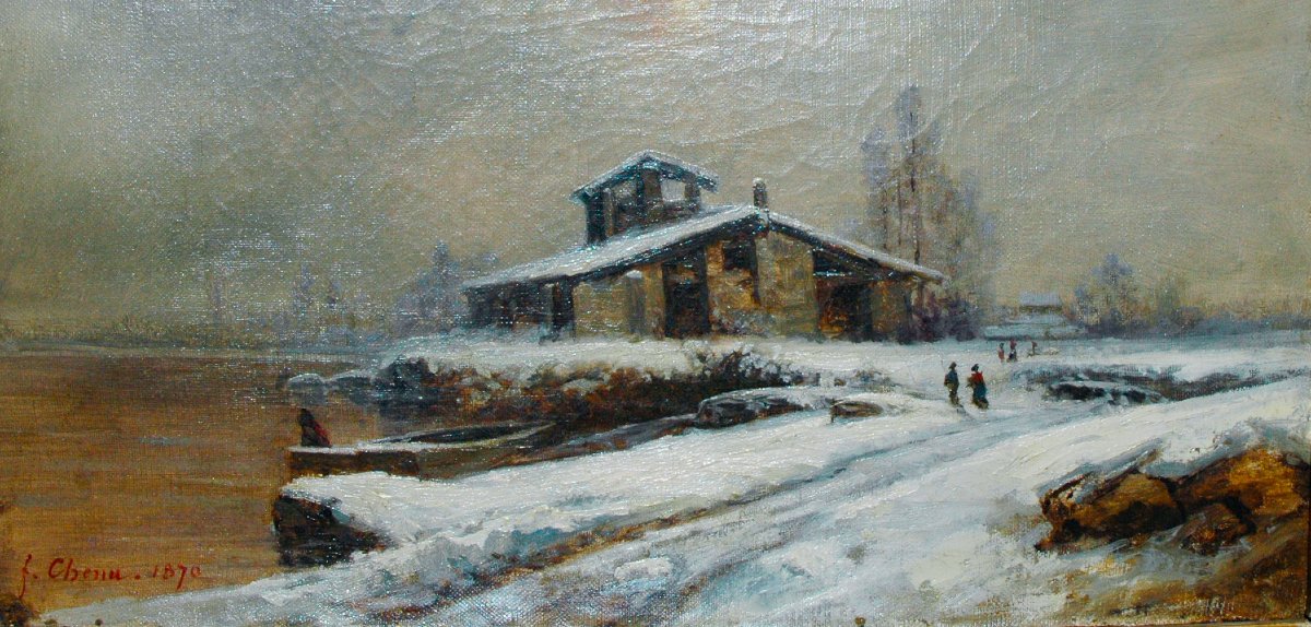 Tableau XIX HST paysage de neige signé Fleury CHENU-photo-3