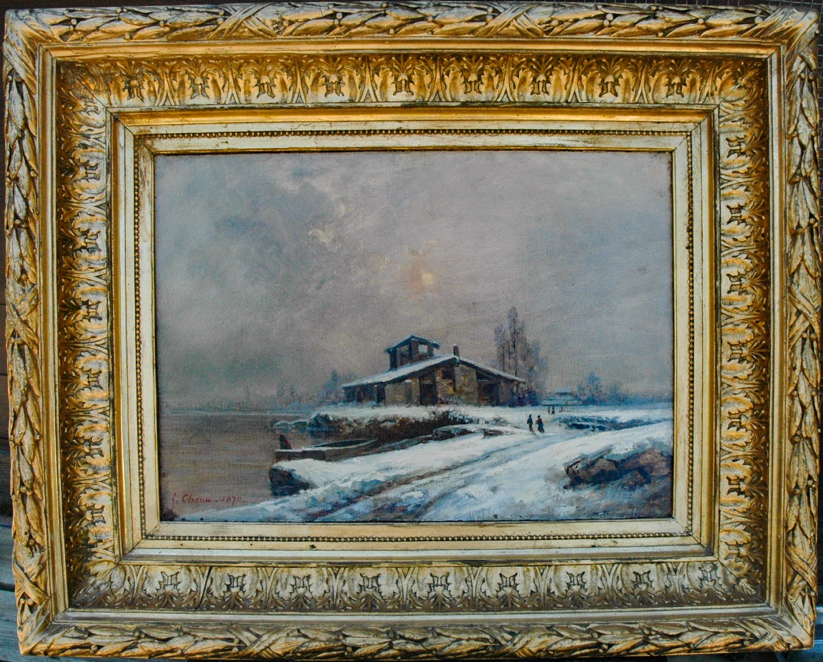 Tableau XIX HST paysage de neige signé Fleury CHENU