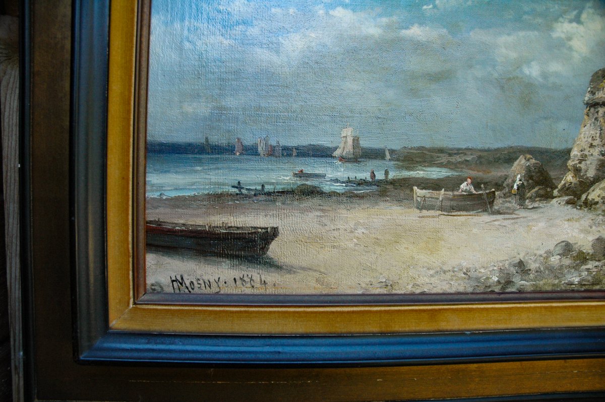 Pair Of 19th-century Hst Seascapes Depicting Bustling Seaside Scenes, Signed By Henry Mosny-photo-3