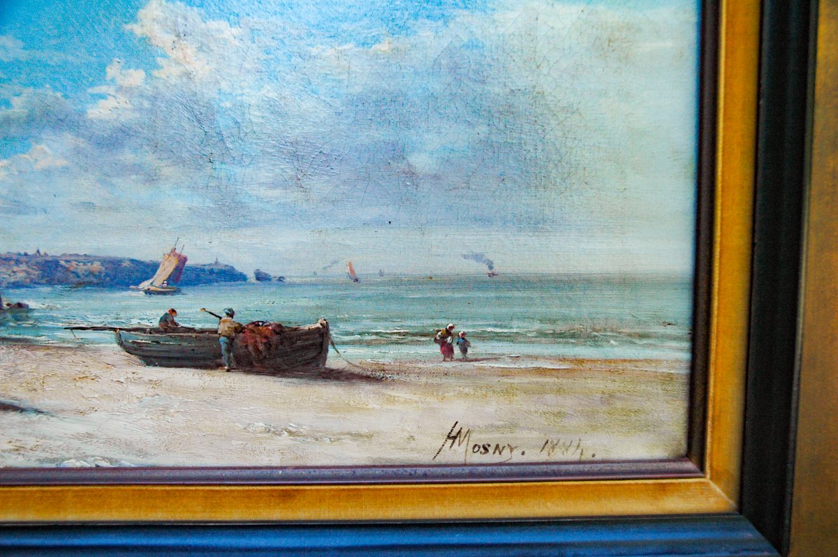 Pair Of 19th-century Hst Seascapes Depicting Bustling Seaside Scenes, Signed By Henry Mosny-photo-6