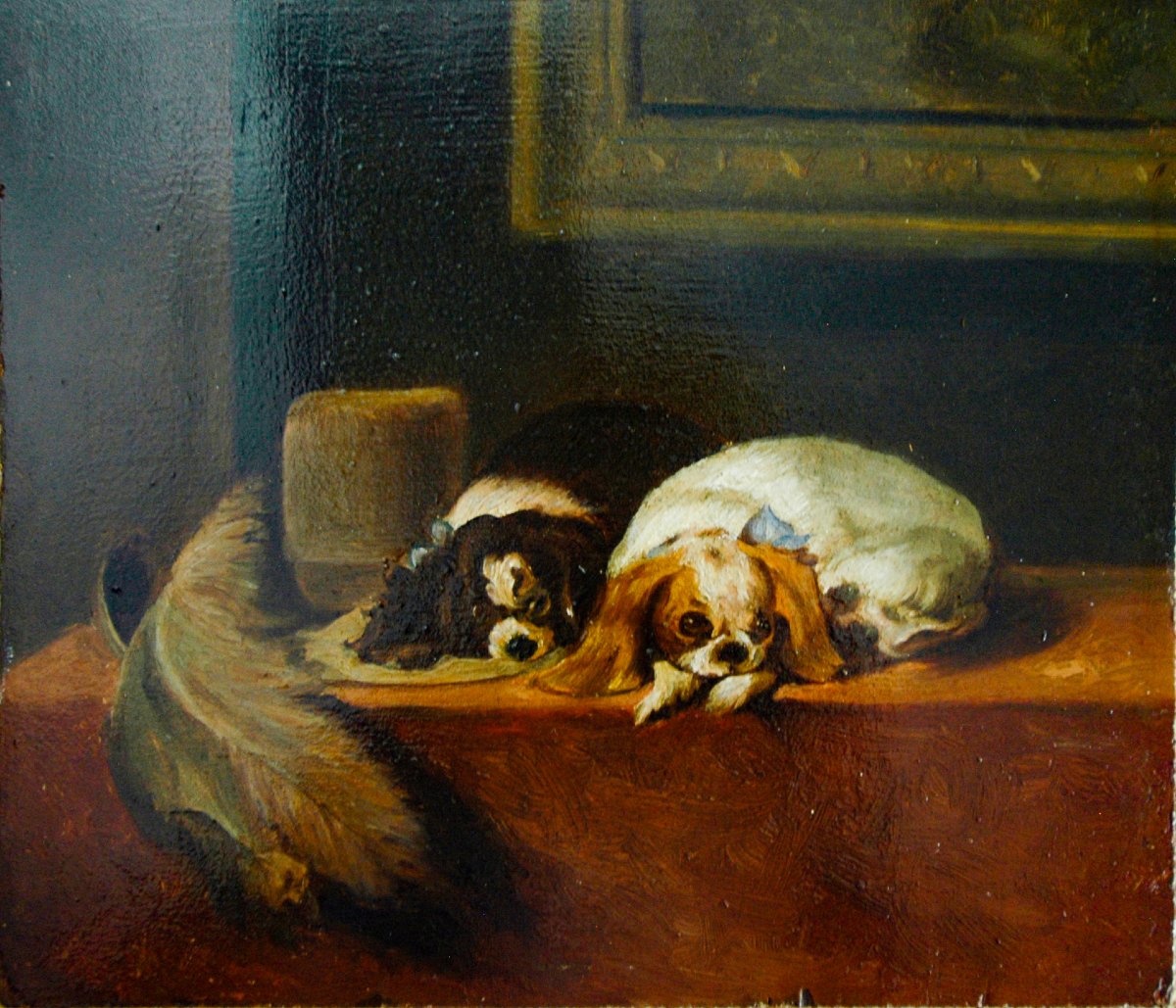 Tableau XIX HSP chien Cavaliers king Charles école Anglaise