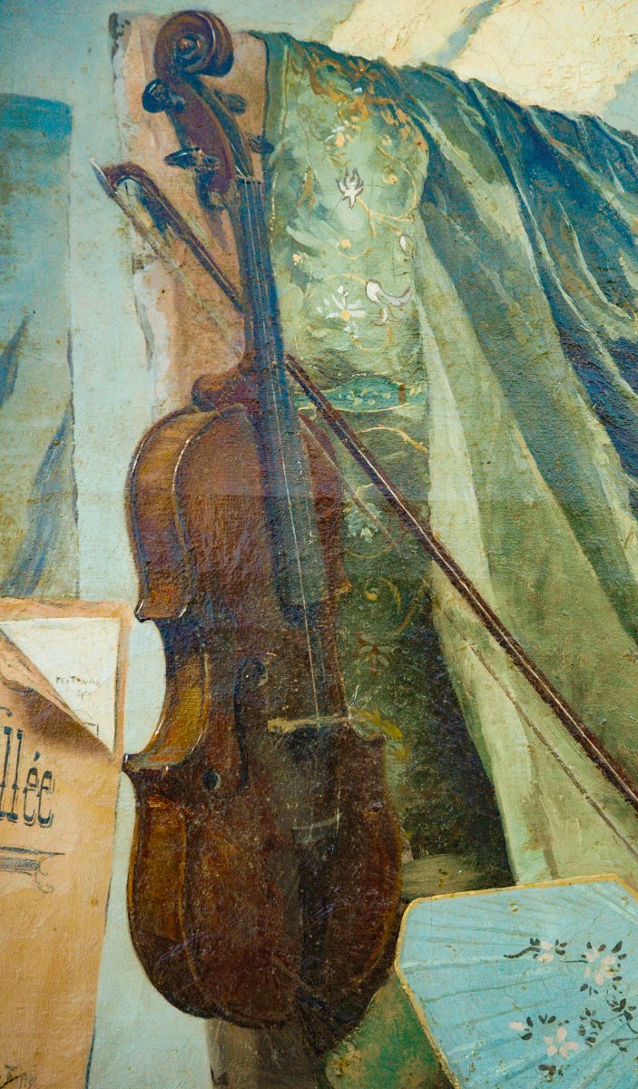 Painting XIX Hst Still Life With A Violin, Signed-photo-3