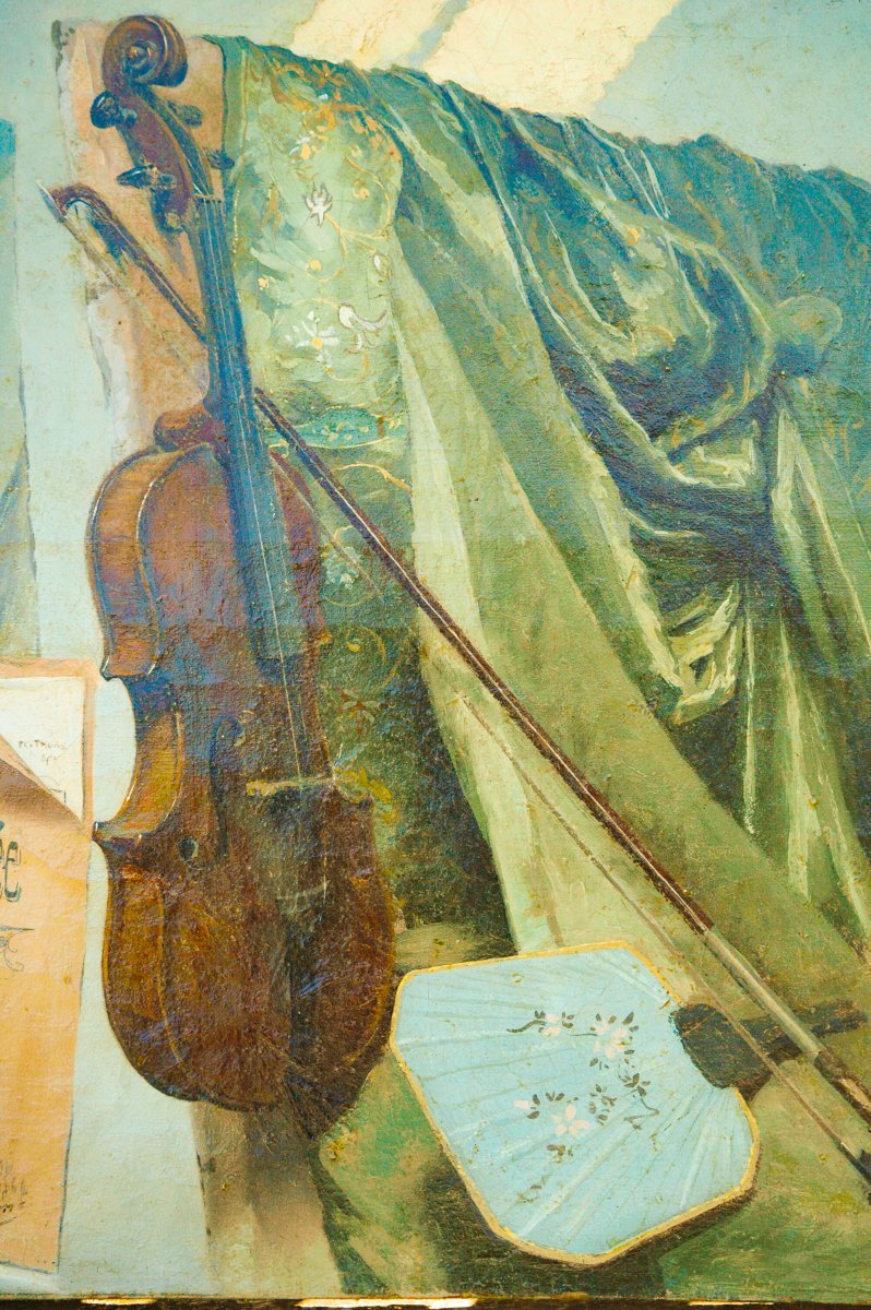 Painting XIX Hst Still Life With A Violin, Signed-photo-1