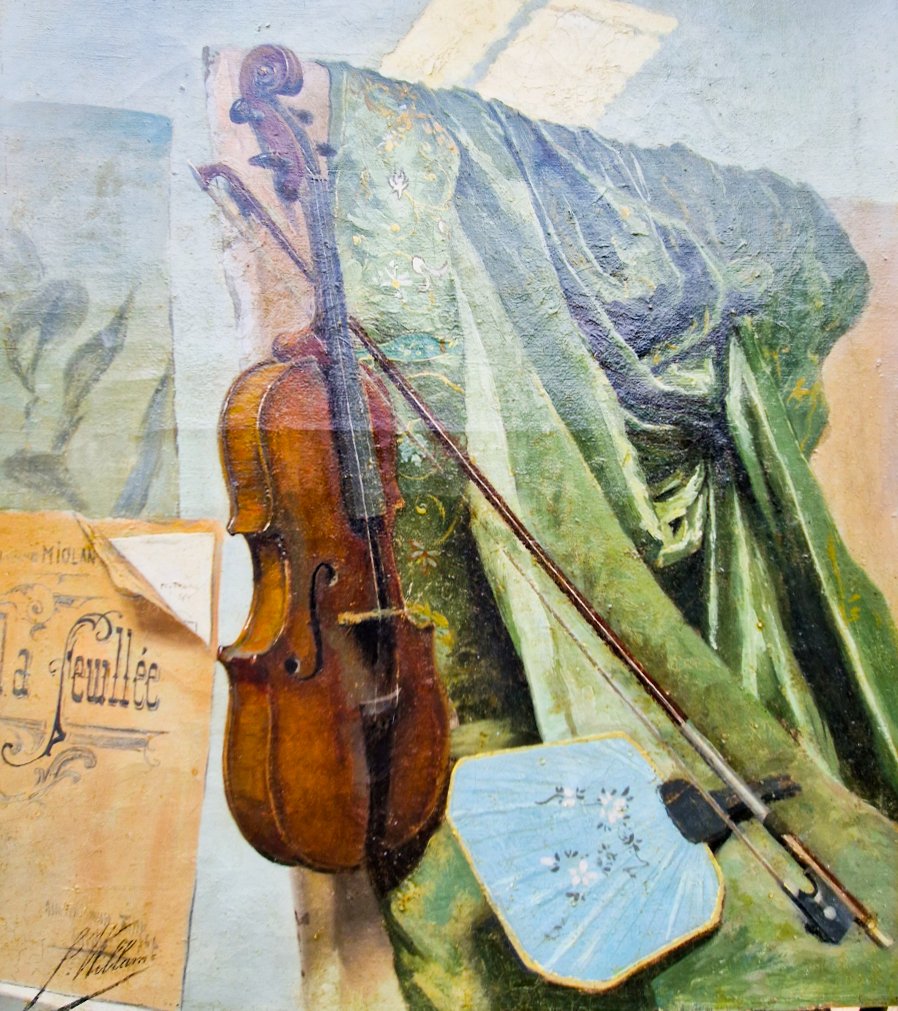 Painting XIX Hst Still Life With A Violin, Signed-photo-4