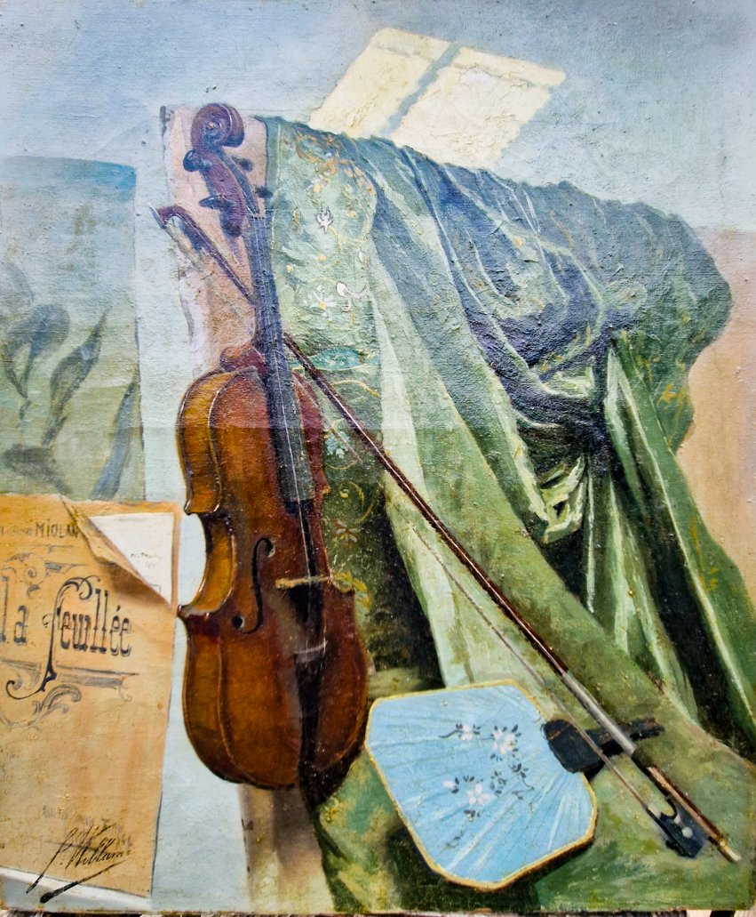 Painting XIX Hst Still Life With A Violin, Signed