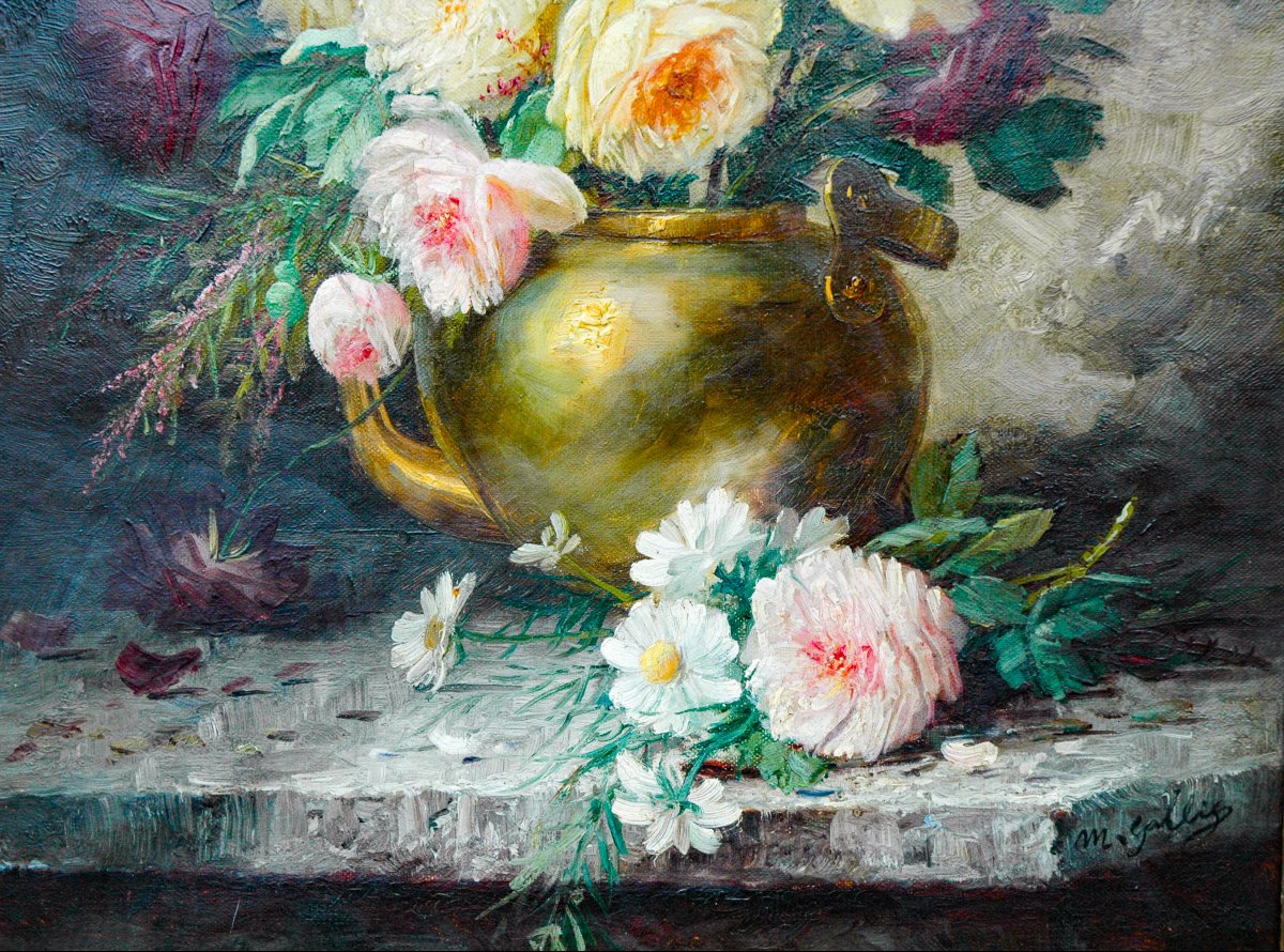 Painting XIX, Oil On Canvas, *flowers On An Entablature*, Signed-photo-4