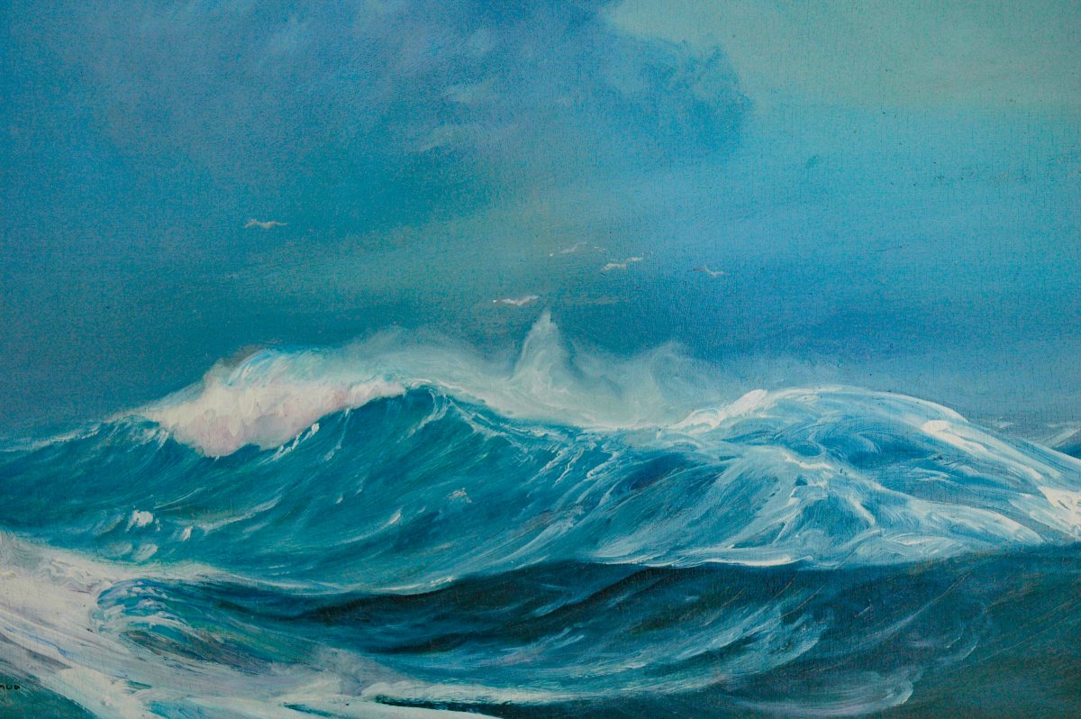 Painting XIX, Oil On Wood Panel, *lively Waves With A Flock Of Seagulls*, Signed Paguenaud-photo-3