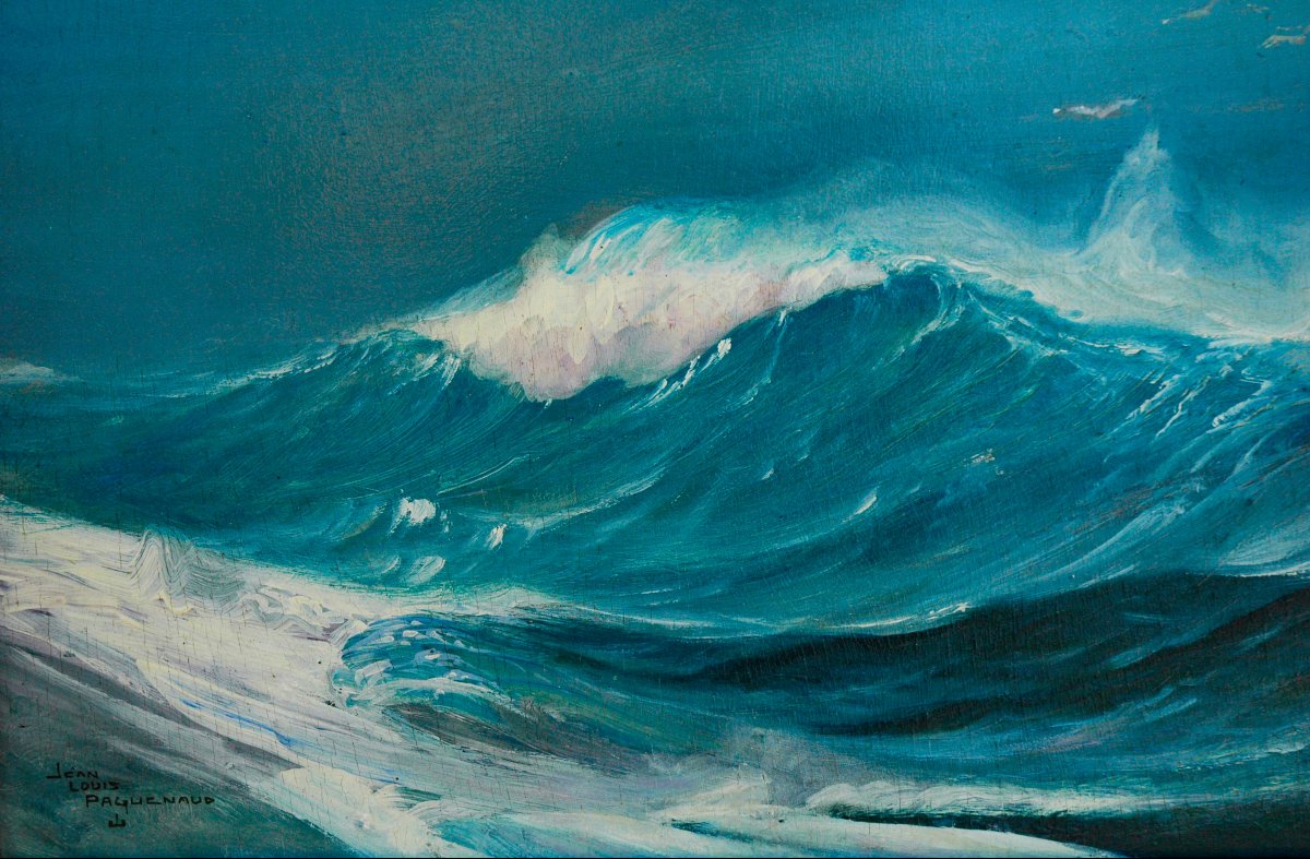 Painting XIX, Oil On Wood Panel, *lively Waves With A Flock Of Seagulls*, Signed Paguenaud-photo-4