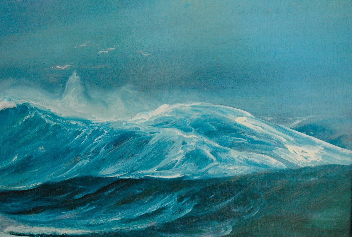Painting XIX, Oil On Wood Panel, *lively Waves With A Flock Of Seagulls*, Signed Paguenaud-photo-1