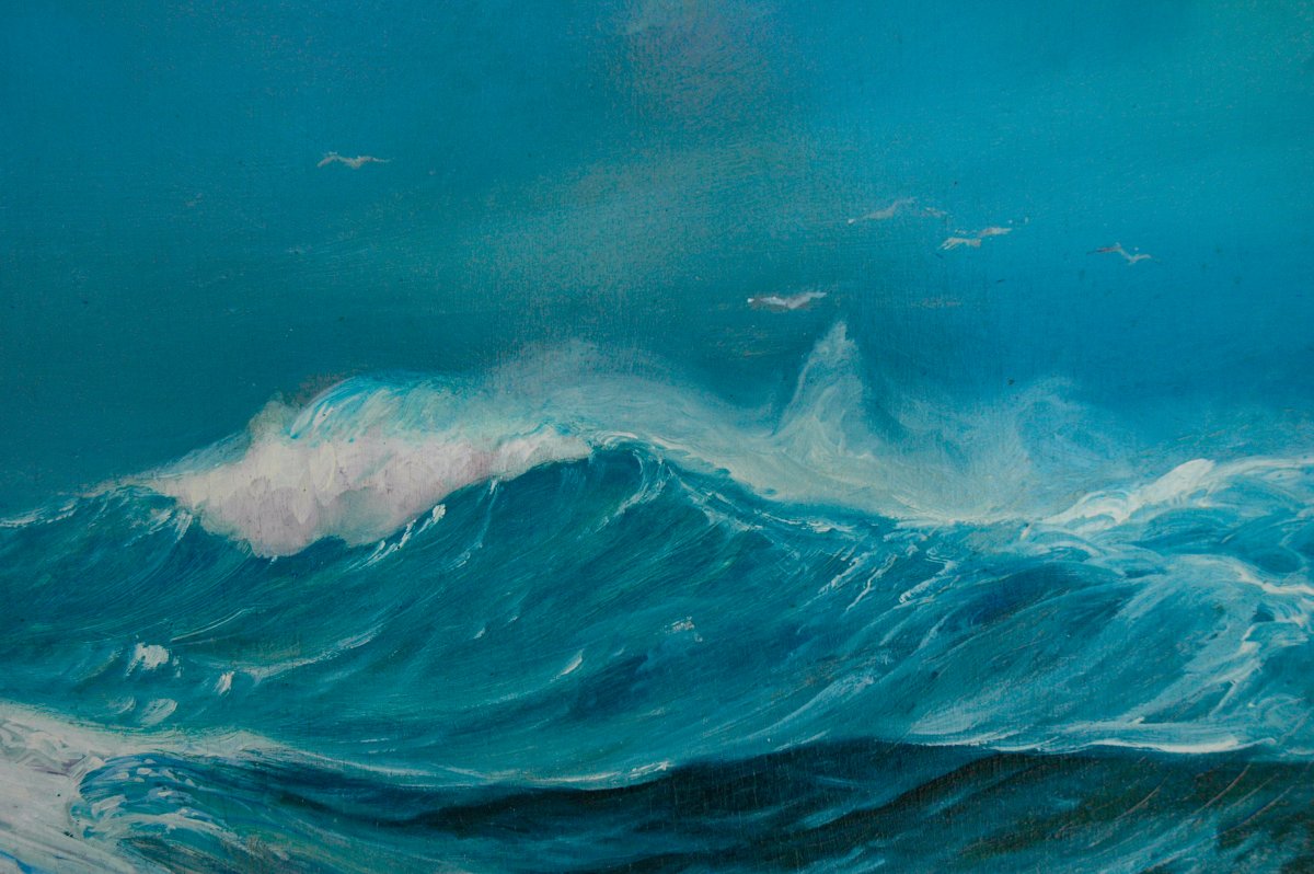 Painting XIX, Oil On Wood Panel, *lively Waves With A Flock Of Seagulls*, Signed Paguenaud-photo-5