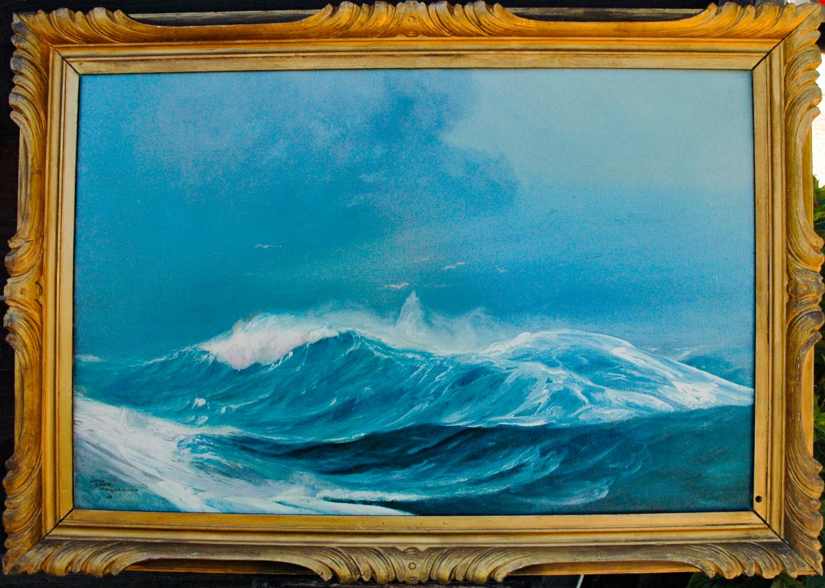 Painting XIX, Oil On Wood Panel, *lively Waves With A Flock Of Seagulls*, Signed Paguenaud