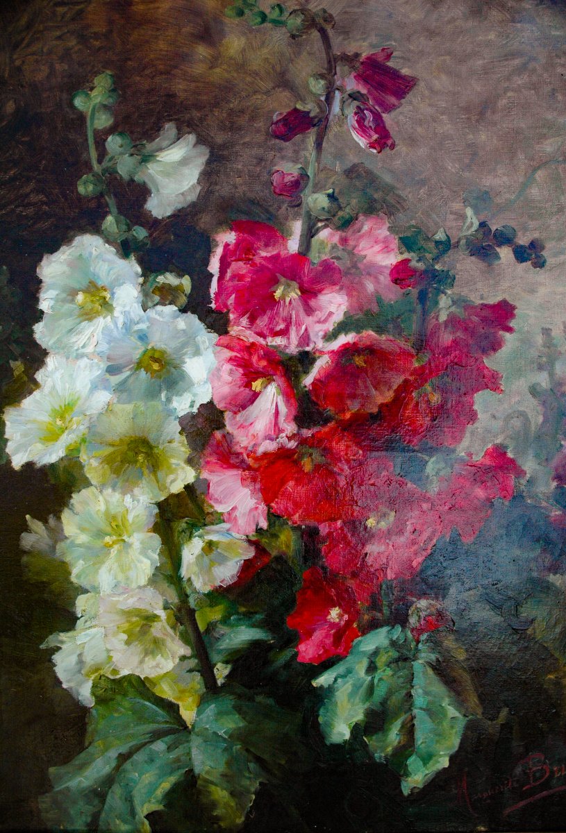 Tableau XIX HST Nature morte aux Roses Trémières signée Marguerite BRUN-photo-4