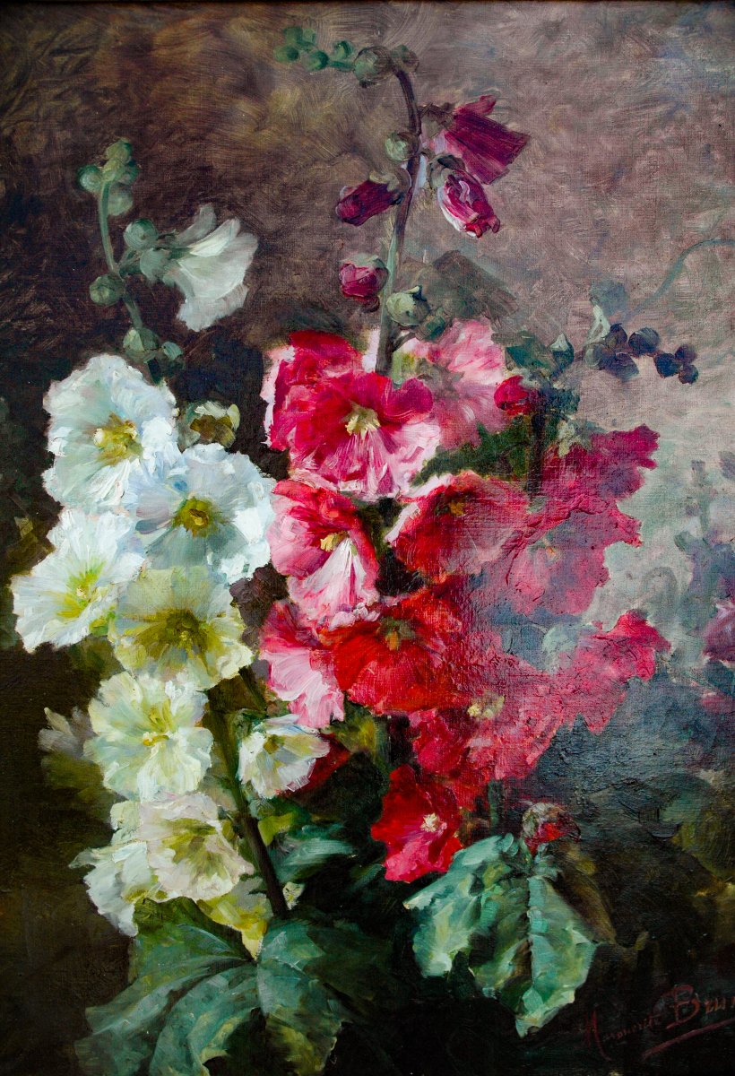 Tableau XIX HST Nature morte aux Roses Trémières signée Marguerite BRUN-photo-1