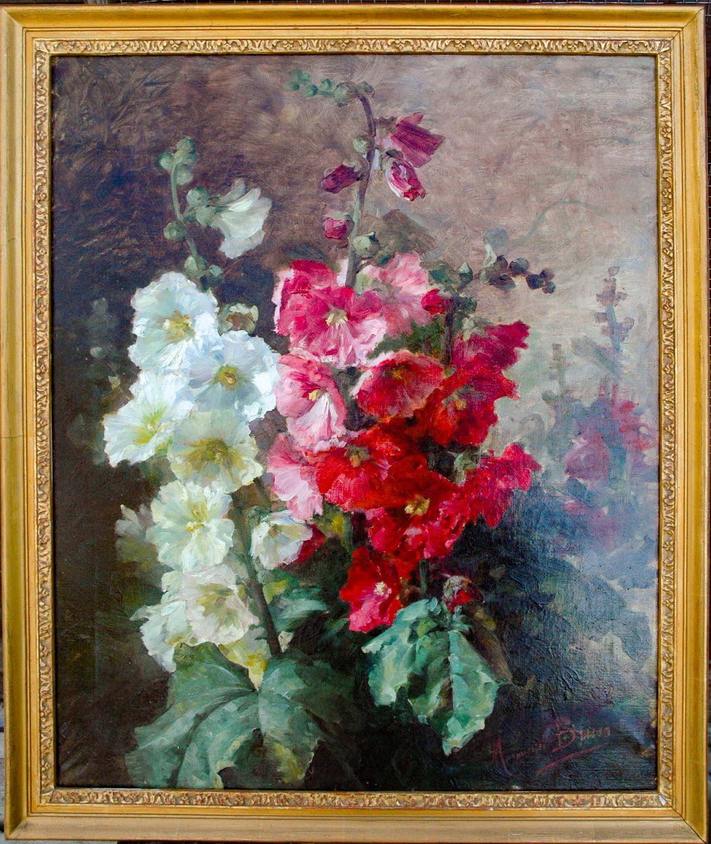 Tableau XIX HST Nature morte aux Roses Trémières signée Marguerite BRUN