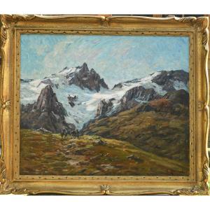 Table Oil On Canvas Mountain Landscape By Clovis Terraire 1858-1931 Rider In Front Of La Meije