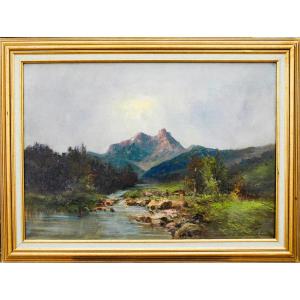 Tableau XIX Paysage de montagne Huile Sur Toile De Godchaux 