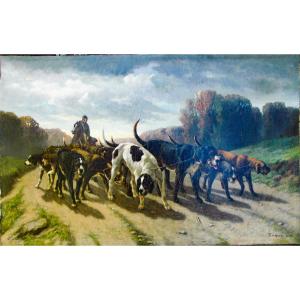 Tableau XIX HST Chien de chasse signé ENGLERet daté 1873