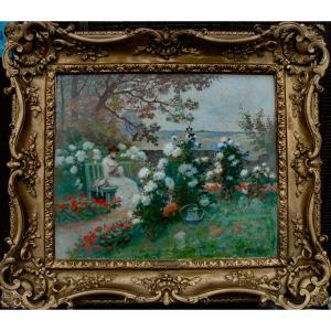 Tableau XIX HST Femme dans le jardin fleuri signé CAUCHOIS