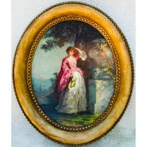 Tableau XIX huile sur carton fort Scène de genre Femme dans un parc signé Emilie LELEUX