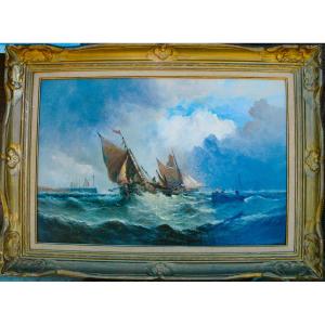 Painting XIX Hst Marine Fishing Return Signed C.taylor