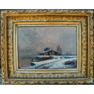 Painting XIX Hst Snow Landscape Signed Fleury Chenu