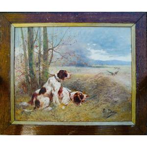 Tableau XIX HST Scène de chasse signé Eugène PETIT