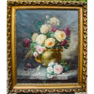 Tableau XIX huile sur toile Fleurs sur entablement signé