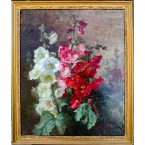Painting XIX Hst: Still Life With Hollyhocks, Signed By Marguerite Brun