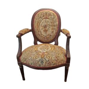 French Antique Louis XVI Style Chair Needlepoint & Petit Point Upholstery