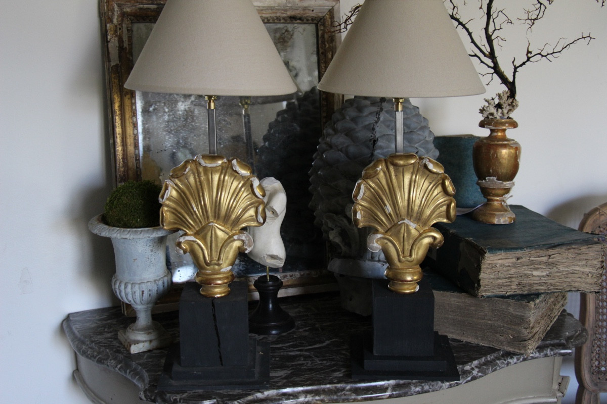 Pair Of Gilded Wooden Palmette Lamps