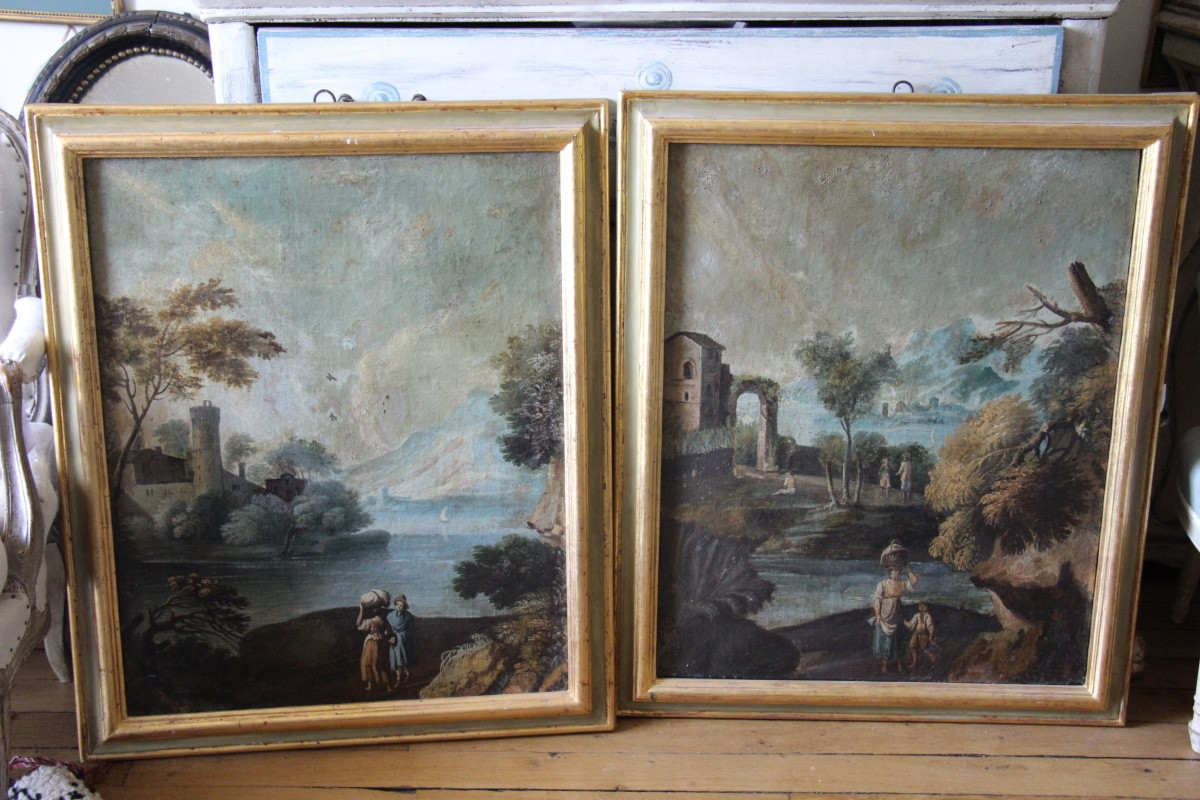 Pair Of 18th-century Italian Landscapes, Oil On Canvas