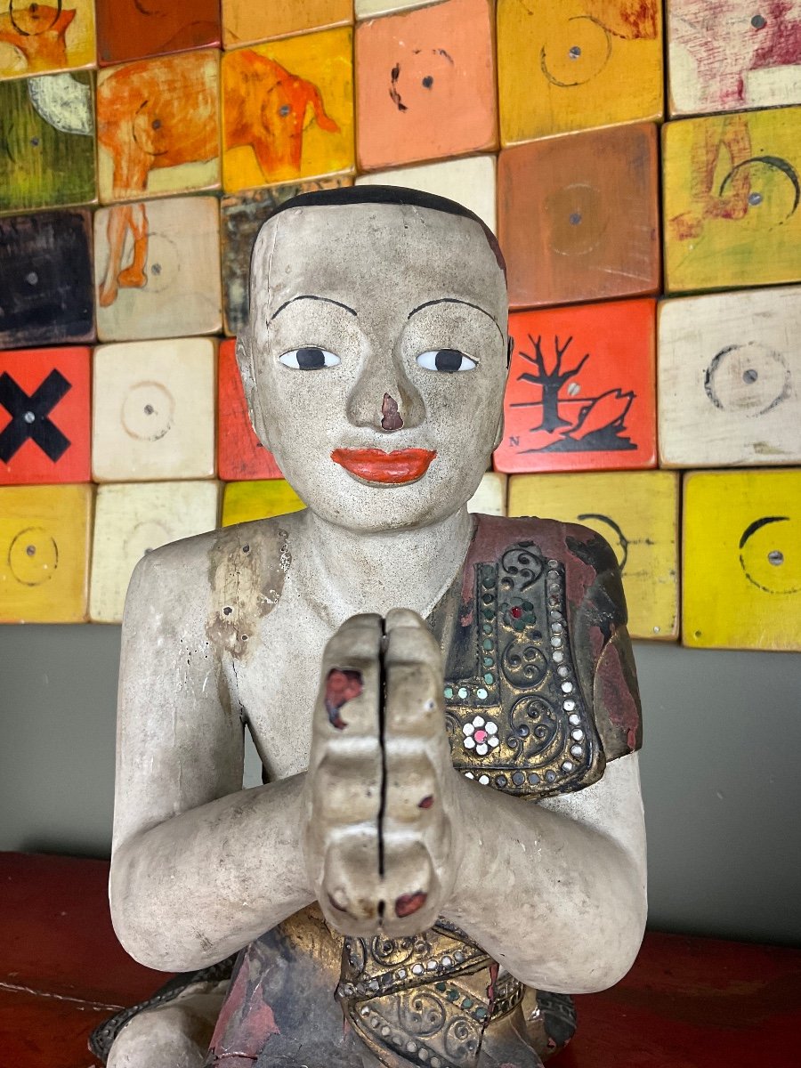 Birmanie, Début XXe, Deux Disciples De Bouddha En Bois.-photo-2