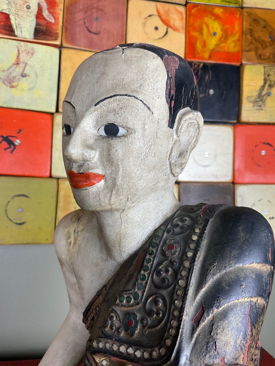 Birmanie, Début XXe, Deux Disciples De Bouddha En Bois.-photo-3