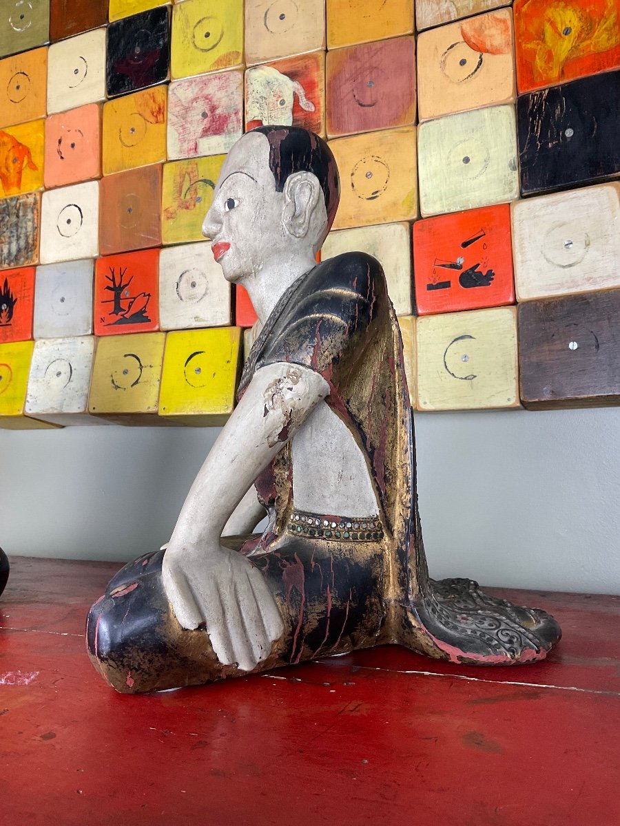 Birmanie, Début XXe, Deux Disciples De Bouddha En Bois.-photo-4